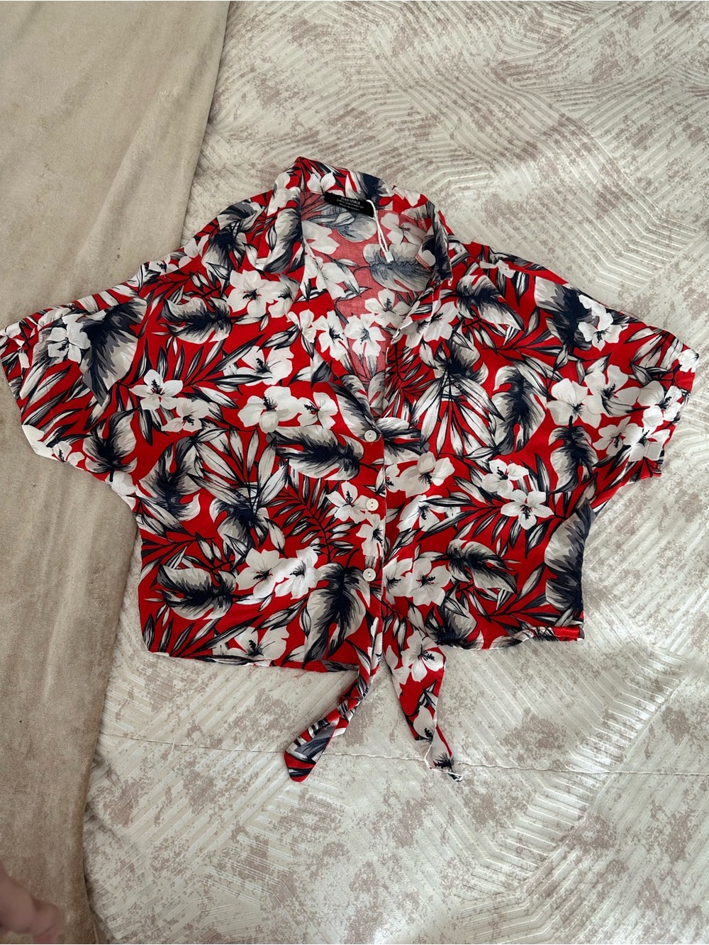 Bershka Red Tropical Tie-Front Crop Top